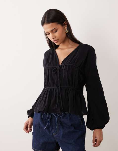ASOS DESIGN – Luźny czarny top z długimi rękawami i zapięciem na guziki z przodu - view 1