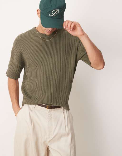 ASOS DESIGN – Luźny dzianinowy T-shirt z prążkowaną wstawką w kolorze khaki