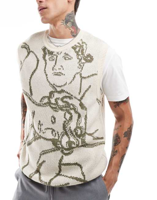 ASOS DESIGN – Luźny dzianinowy top bez rękawów w kolorze ecru z motywem rysunku w kolorze khaki