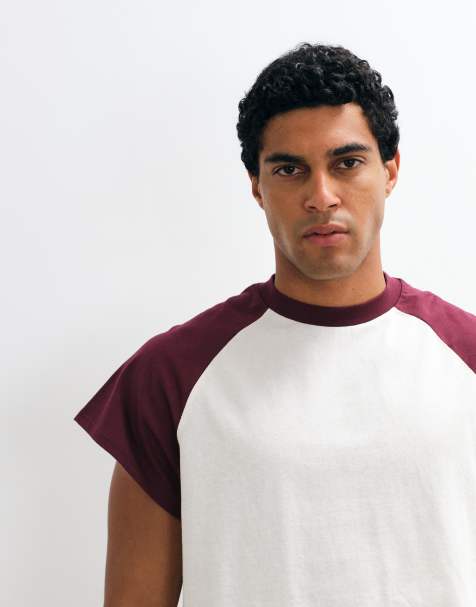 ASOS DESIGN luźny oversize T-shirt z rękawem raglanowym w kolorze burgundowym i kremowym - view 1