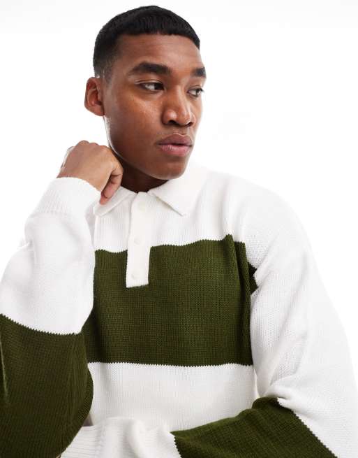 ASOS DESIGN – Luźny pudełkowy sweter dzianinowy w stylu rugby w w paski w kolorze khaki i białym