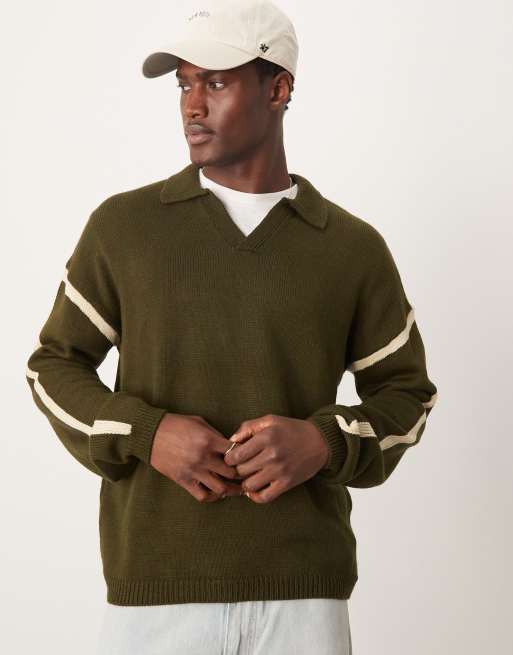 ASOS DESIGN – Luźny sweter dzianinowy w kolorze khaki z kołnierzykiem polo i kontrastowymi wstawkami