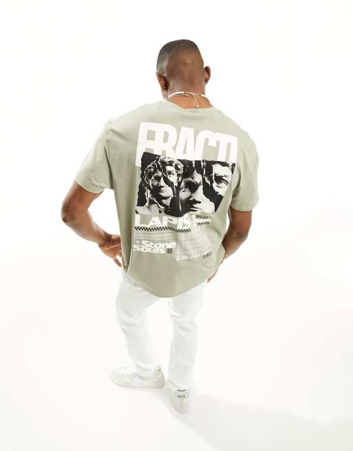 ASOS DESIGN – Luźny T-shirt w kolorze jasnego khaki z grafiką z motywem rzeźb na plecach
