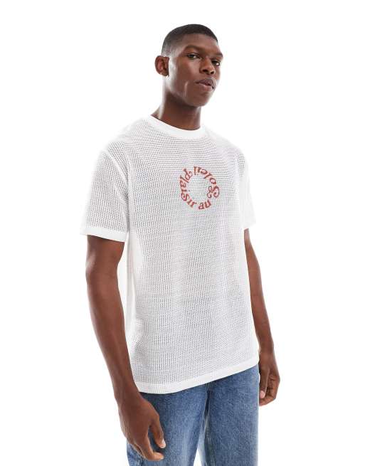 ASOS DESIGN – Luźny T-shirt z bawełnianej siateczki w kolorze złamanej bieli z grafiką