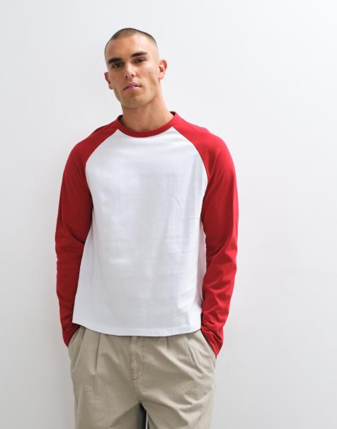 ASOS DESIGN luźny T-shirt z długim rękawem i raglanowymi rękawami w kolorze białym i czerwonym - view 1