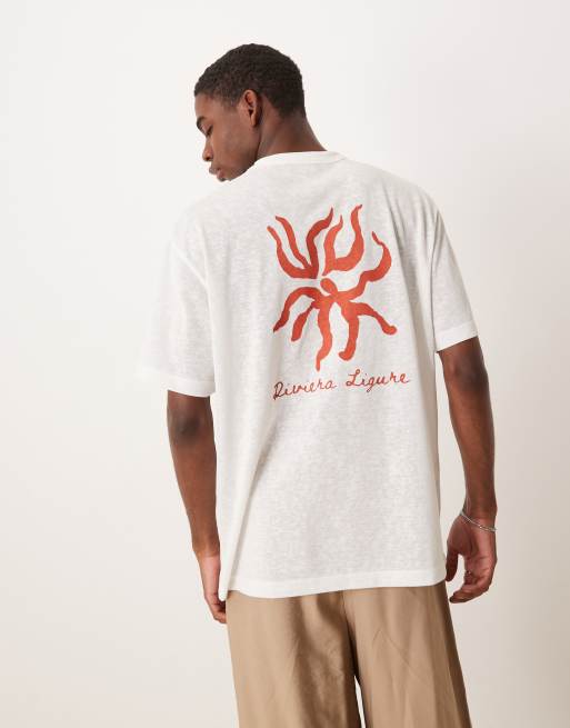 ASOS DESIGN – Luźny T-shirt z imitacij lnu w kolorze złamanej bieli z grafiką „Riviera“