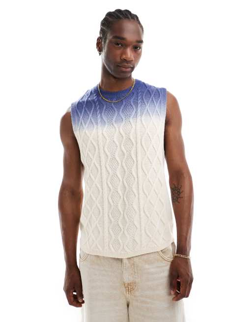 ASOS DESIGN – Luźny top bez rękawów z dzianiny o warkoczowym splocie w kolorze niebieskim i ecru z efektem ombre