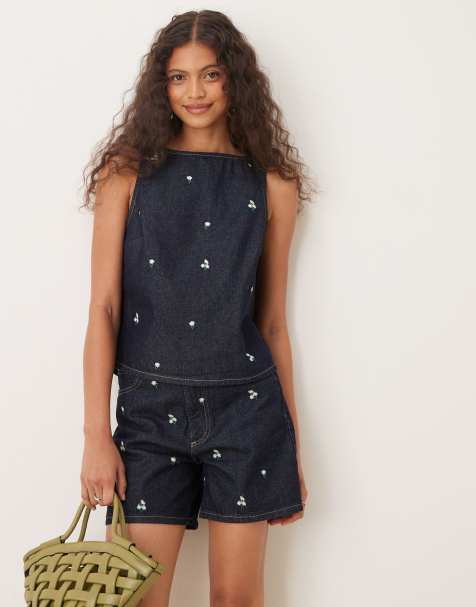 ASOS DESIGN denim shift top with embroidered ditsy floral co-ord in indigo rinse