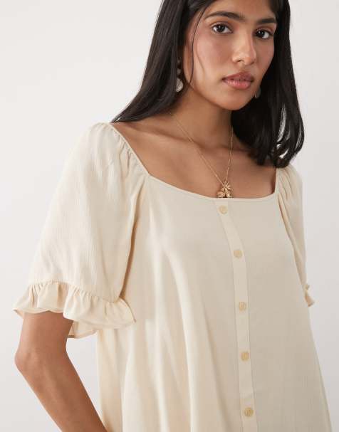 ASOS DESIGN – Luźny top z kwadratowym dekoltem i falbanką w neutralnym kolorze, część zestawu - view 1