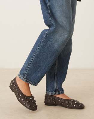 Asos Design Lyle Premium Studded Scrunch Ballet Flats In Brown