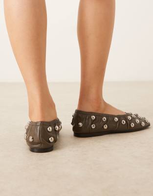 Asos Design Lyle Premium Studded Scrunch Ballets In Green