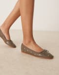 [ASOS DESIGN] ASOS DESIGN Lynette high vamp studded ballet flats in khaki-Green 42 KHAKI