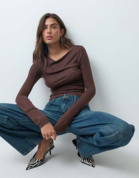 ASOS DESIGN lyocell blend boat neck long sleeve top in choc - view 1