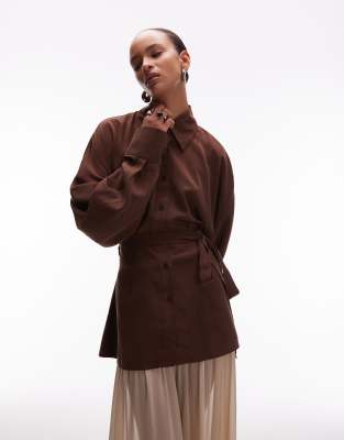 Asos Design Lyocell Open Back Cinch Waist Shirt In Brown