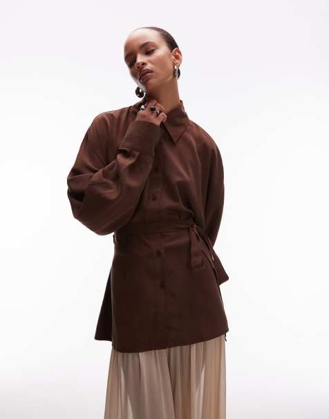 ASOS DESIGN lyocell open back cinch waist shirt in chocolate - view 1