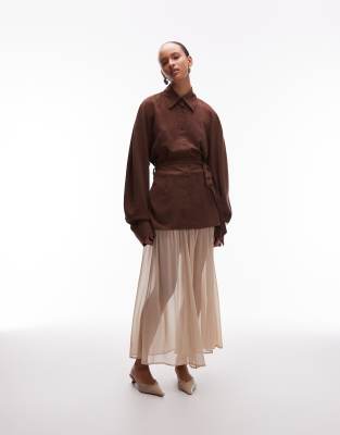 Asos Design Lyocell Open Back Cinch Waist Shirt In Brown