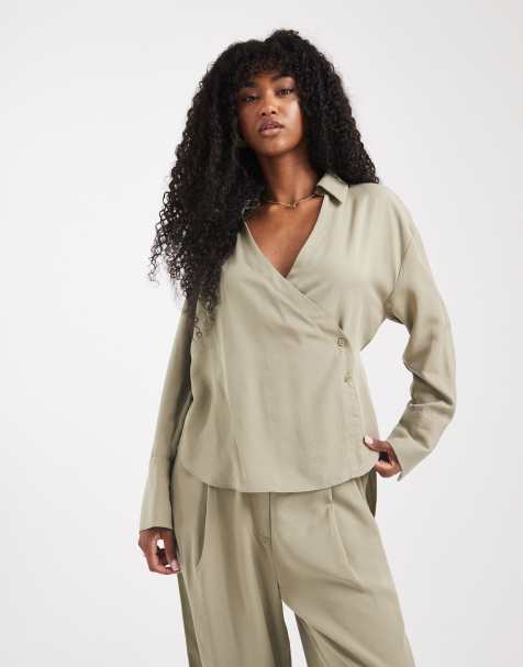 ASOS DESIGN - Lyocell overhemd met gestrikte overslag in kaki, deel van co-ord set - view 1