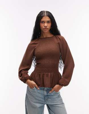 Asos Design Lyocell Shirred Raglan Sleeve Blouse In Brown
