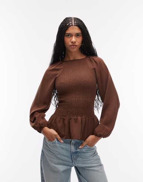 ASOS DESIGN lyocell shirred raglan sleeve blouse in choc