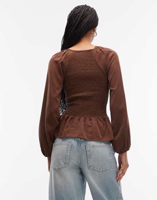 ASOS DESIGN lyocell shirred raglan sleeve blouse in choc, 4 of 4