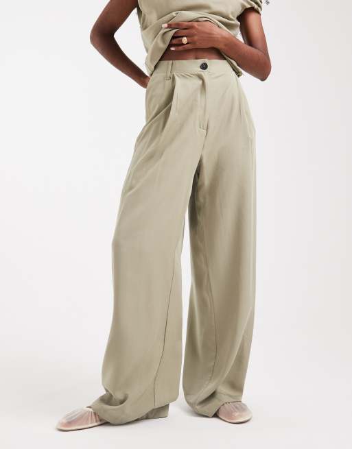 ASOS DESIGN lyocell wide leg dad pants in khaki (part of a set), 4 of 5