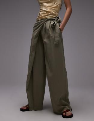 Asos Design Lyocell Wrap Front Pants In Neutral