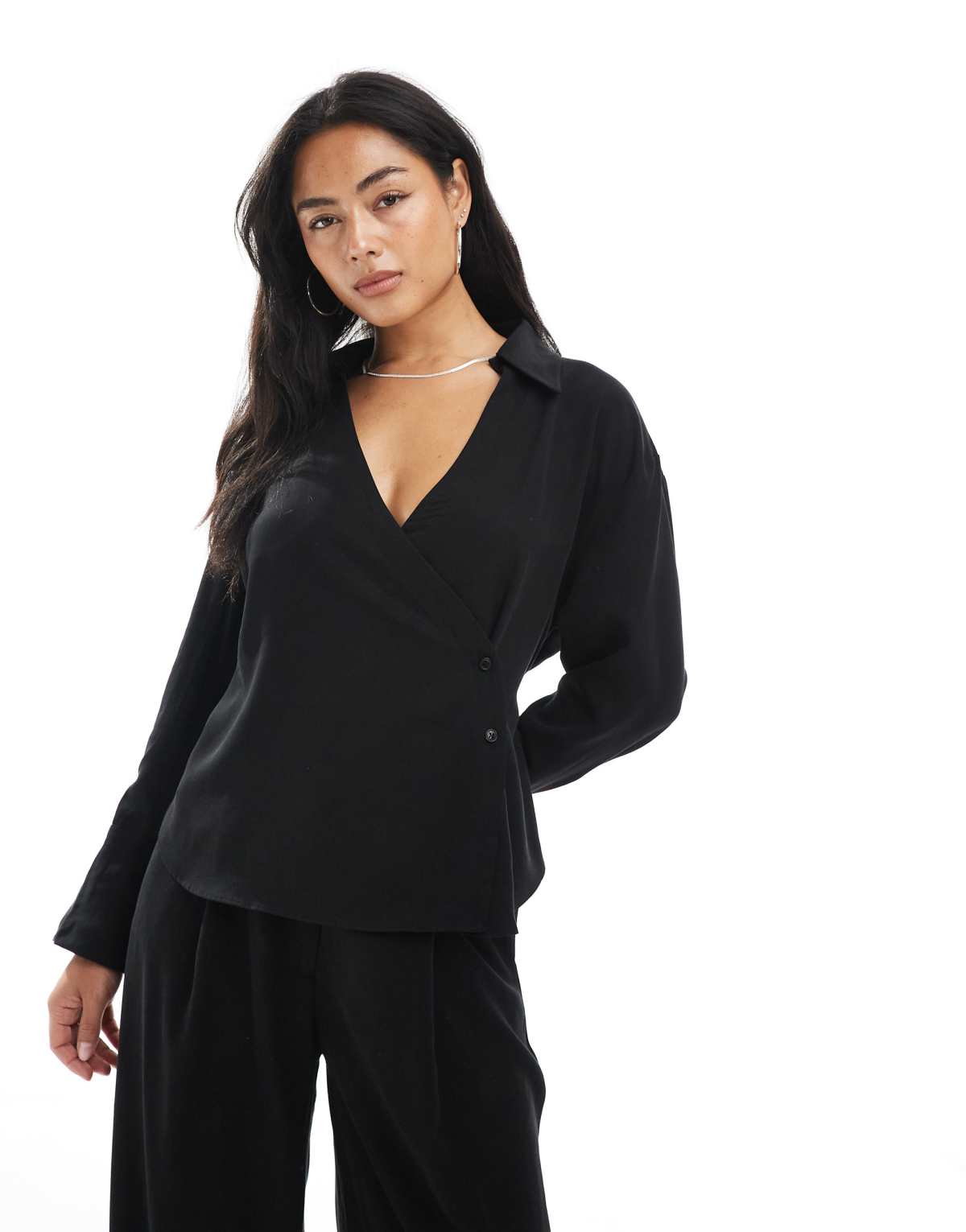 ASOS DESIGN lyocell wrap tie detail shirt co ord in black