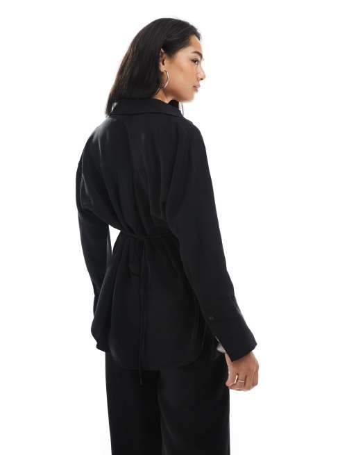 ASOS DESIGN lyocell wrap tie detail shirt co ord in black, 4 of 4
