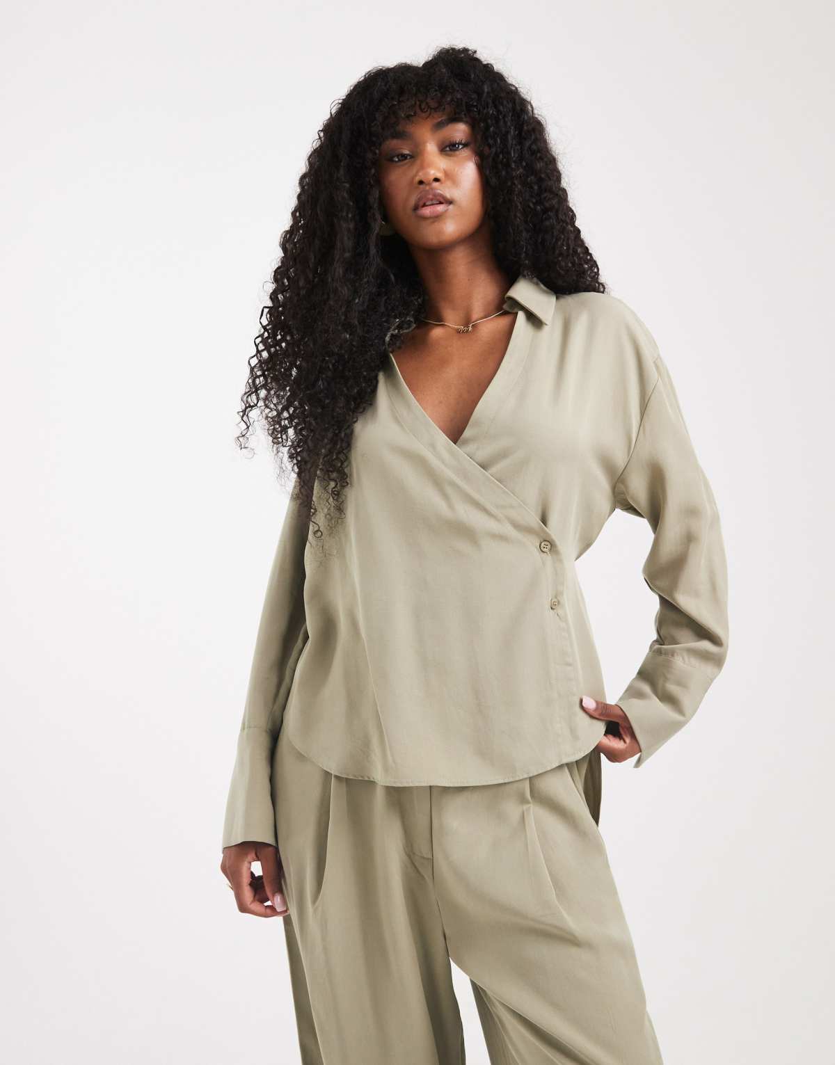 ASOS DESIGN lyocell wrap tie detail shirt co ord in khaki