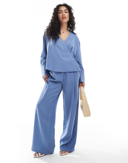 ASOS DESIGN lyocell wrap tie detail shirt in blue - part of a set