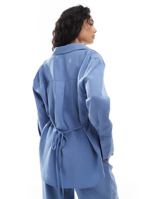 ASOS DESIGN lyocell wrap tie detail shirt in blue - part of a set