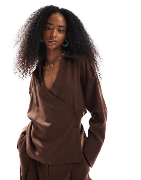 ASOS DESIGN lyocell wrap tie detail shirt in chocolate - part of a set - view 1