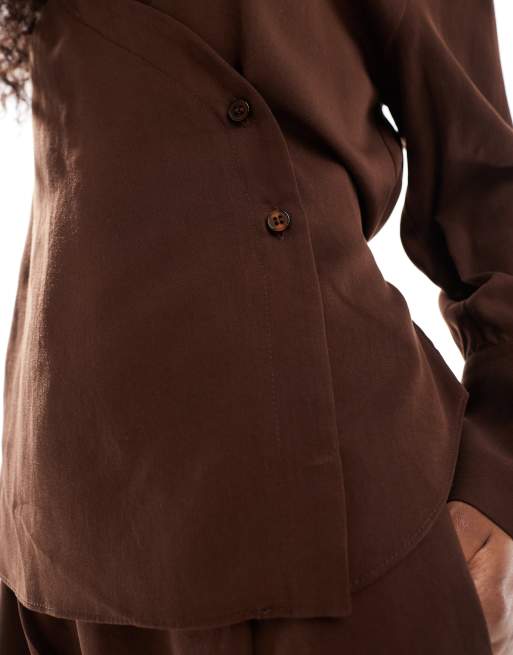 ASOS DESIGN lyocell wrap tie detail shirt in chocolate co ord