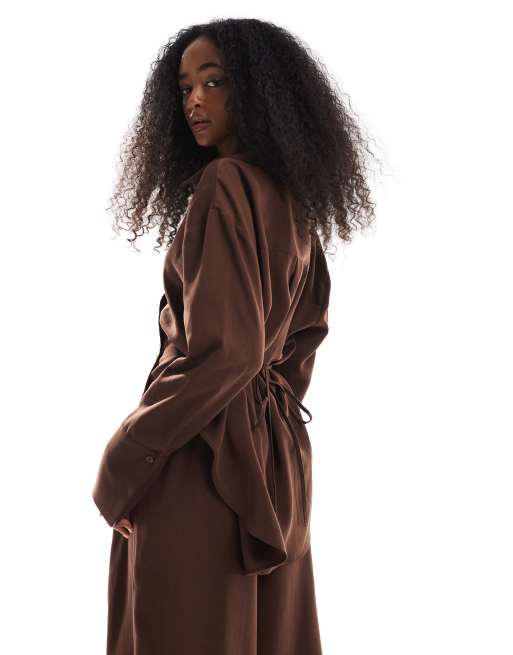 ASOS DESIGN lyocell wrap tie detail shirt in chocolate co ord