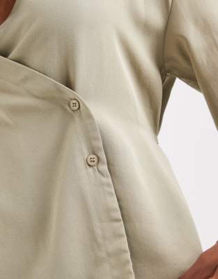 Asos Design Lyocell Wrap Tie Detail Shirt In Green