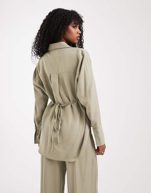 ASOS DESIGN lyocell wrap tie detail shirt in khaki - part of a set, 3 of 4