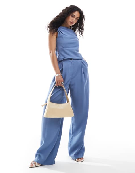 ASOS DESIGN lyocell wrap tie waist shirt and pants set in blue - view 1