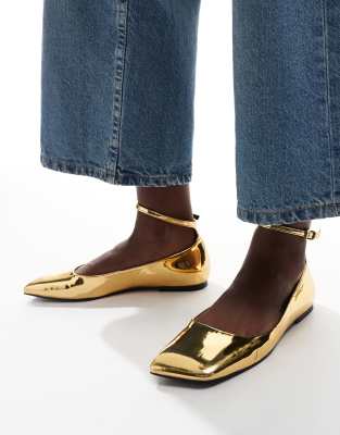 ASOS DESIGN Lyra angle toe ballet in gold