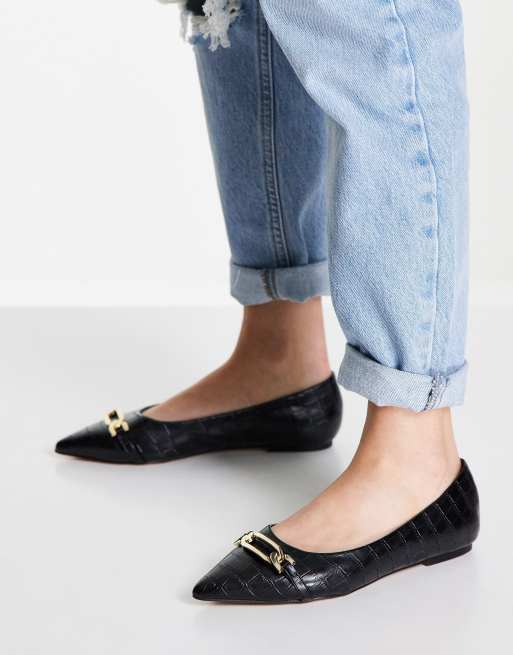 ASOS DESIGN - Lyrical - Sorte ballerinaer i imiteret krokodille med spids tå og spænde
