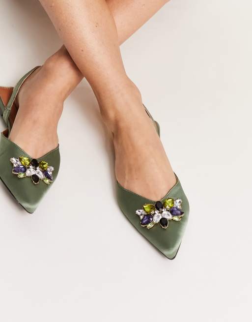 ASOS DESIGN – Lyrical – Zielone zdobione balerinki z paskiem za piętą
