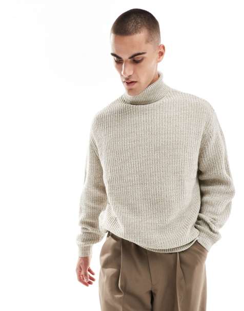 ASOS DESIGN - Lys beige oversized ribstrikket sømandstrøje i snoet garn med rullekrave - view 1