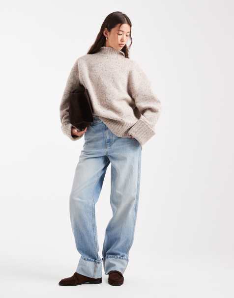 ASOS DESIGN - Lys beige strikket longline-trøje med ståkrave - view 1
