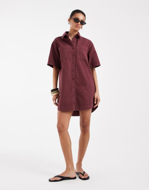 ASOS DESIGN - Lys bordeaux skjortekjole med lommedetalje i denim i firkantet pasform - view 1