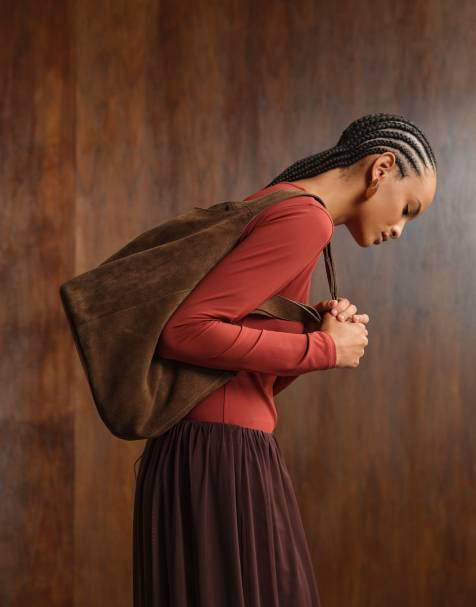 ASOS DESIGN - Lys chokoladebrun poset tote-taske i ruskind - view 1