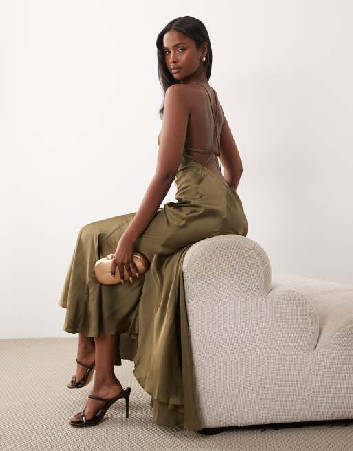ASOS DESIGN - Lys khaki maxikjole med sømdetaljer og åben ryg med stropper, 2 af 4