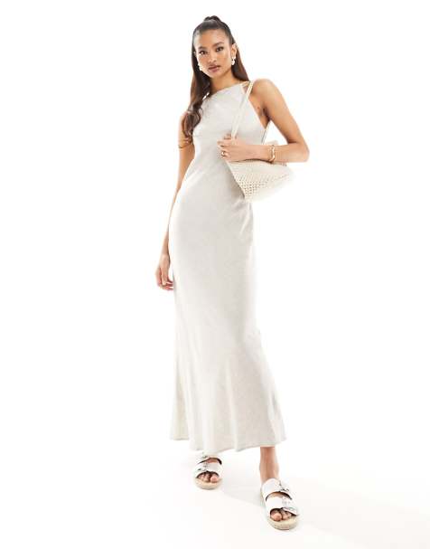 ASOS DESIGN - Lys og beige maxi-solkjole i hør med racerhals - view 1