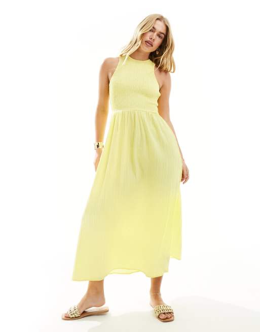 ASOS DESIGN - Lys og citrongul midi-solkjole med racerhals og dyb og rund ryg i krølstof