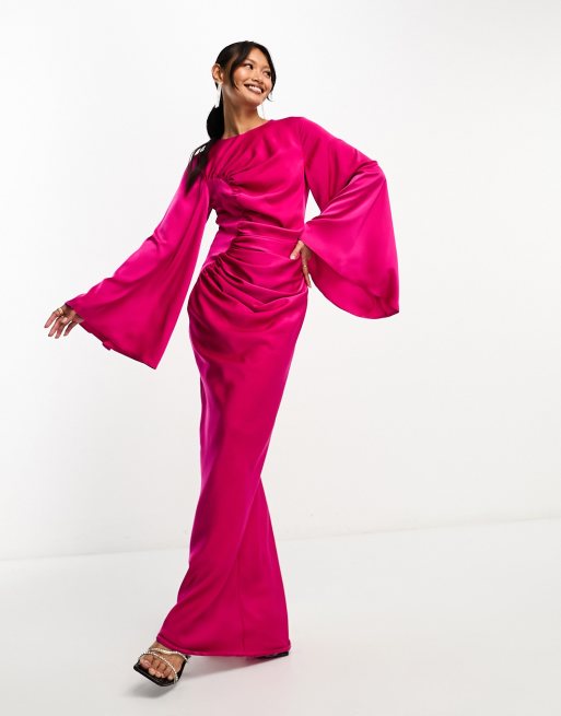 ASOS DESIGN - Lys, pink, langærmet og rynket maxikjole i satin