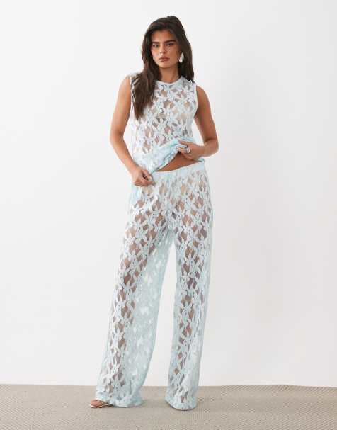 ASOS DESIGN - Lyseblå bukser i blondestof med vide ben - Del af sæt - view 1