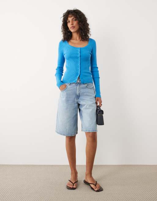 ASOS DESIGN - Lyseblå cardigan i bomuldsblanding med dyb rund hals, 2 af 4
